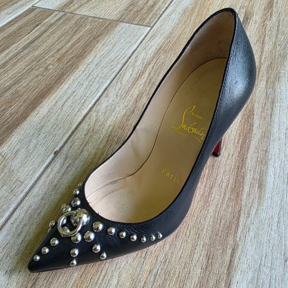 Christian Louboutin Studded Black Leather Door Knock 100mm Kid Heels Eur.34.5